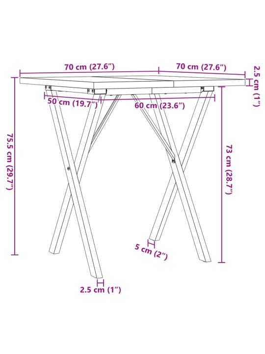 Söögilaud, x-raam, 70 x 70 x 75,5 cm, männipuit ja malm