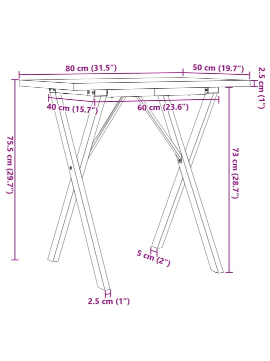 Söögilaud, x-raam, 80 x 50 x 75,5 cm, männipuit ja malm