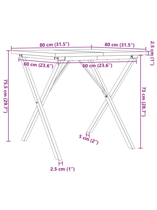 Söögilaud, x-raam, 80 x 80 x 75,5 cm, männipuit ja malm