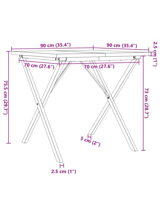 Söögilaud, x-raam, 90 x 90 x 75,5 cm, männipuit ja malm