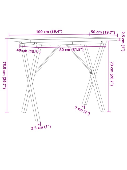 Söögilaud, x-raam, 100 x 50 x 75,5 cm, männipuit ja malm