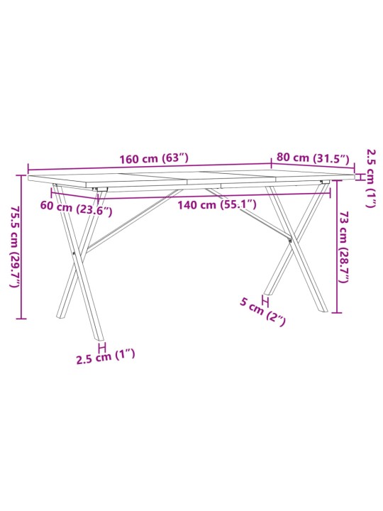 Söögilaud, x-raam, 160 x 80 x 75,5 cm, männipuit ja malm
