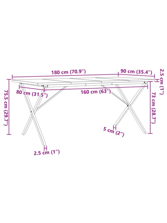 Söögilaud, x-raam, 180 x 90 x 75,5 cm, männipuit ja malm