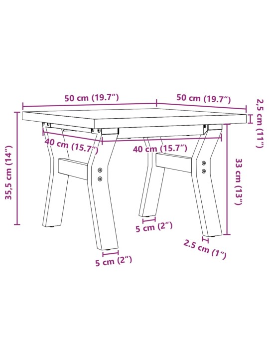 Kohvilaud, y-raam, 50 x 50 x 35,5 cm, männipuit ja malm