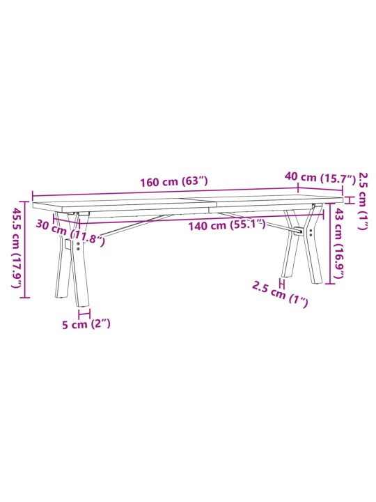 Kohvilaud, y-raam, 160 x 40 x 45,5 cm, männipuit ja malm