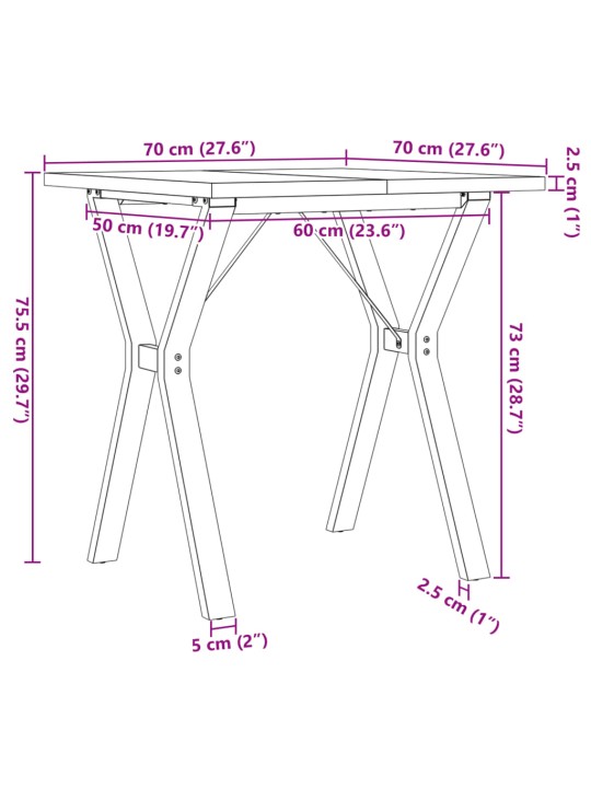 Söögilaud, y-raam, 70 x 70 x 75,5 cm, männipuit ja malm
