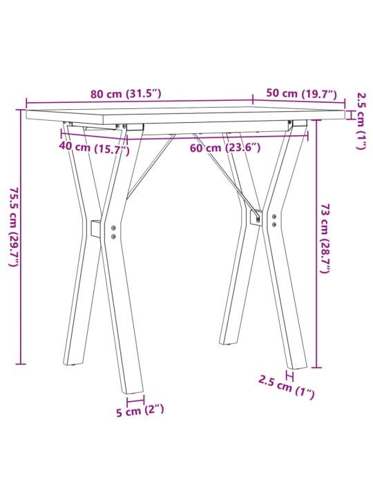 Söögilaud, y-raam, 80 x 50 x 75,5 cm, männipuit ja malm