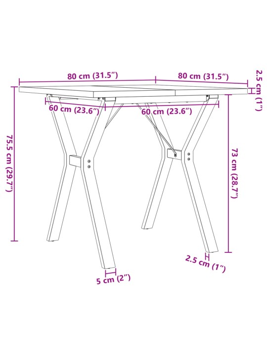Söögilaud, y-raam, 80 x 80 x 75,5 cm, männipuit ja malm