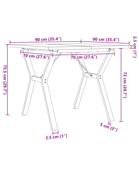 Söögilaud, y-raam, 90 x 90 x 75,5 cm, männipuit ja malm