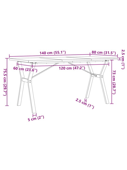 Söögilaud, y-raam, 140 x 80 x 75,5 cm, männipuit ja malm