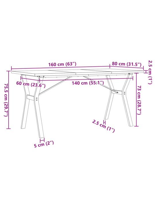 Söögilaud, y-raam, 160 x 80 x 75,5 cm, männipuit ja malm