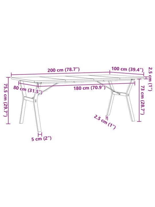 Söögilaud, y-raam, 200 x 100 x 75,5 cm, männipuit ja malm