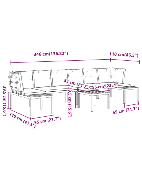 5-osaline aiadiivani komplekt patjadega, must, teras