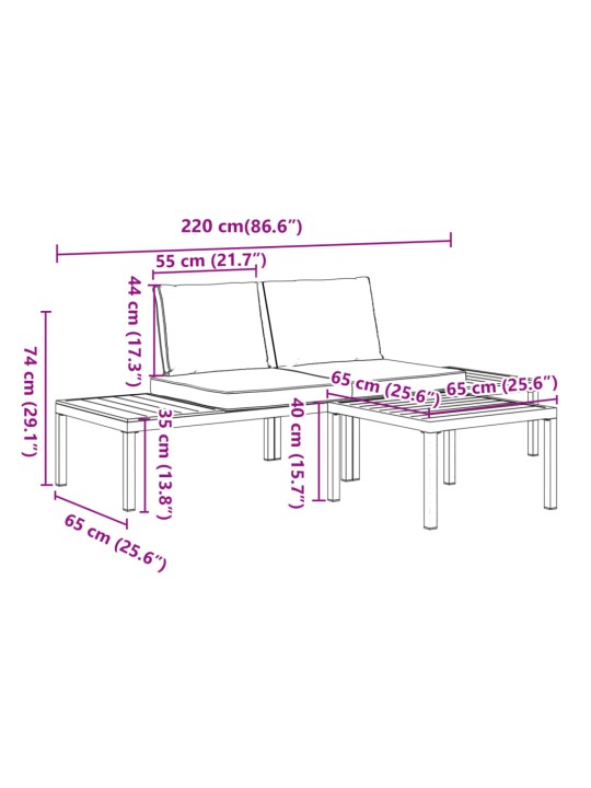 3-osaline aiadiivani komplekt patjadega, must, alumiinium