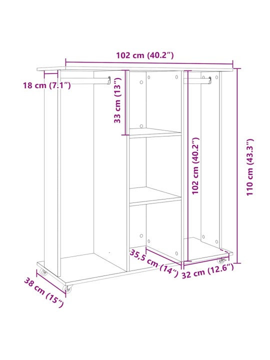 Ratastega riidekapp, valge, 102 x 38 x 110 cm, tehispuit