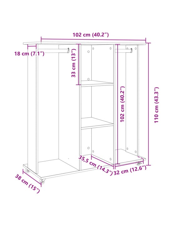 Ratastega riidekapp, must, 102 x 38 x 110 cm, tehispuit