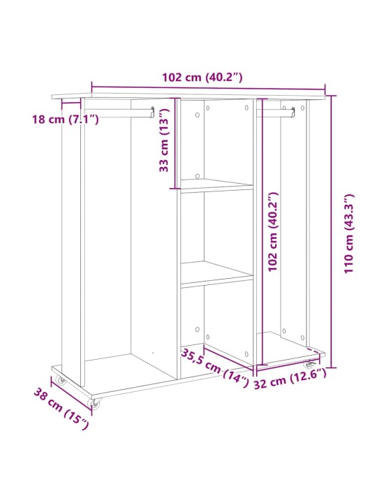 Ratastega riidekapp, sonoma tamm, 102 x 38 x 110 cm, tehispuit