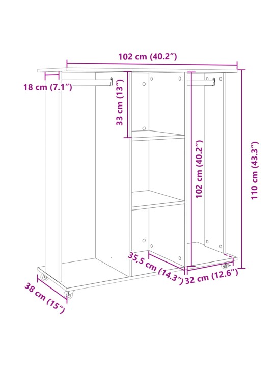 Ratastega riidekapp, suitsutatud tamm, 102x38x110 cm, tehispuit