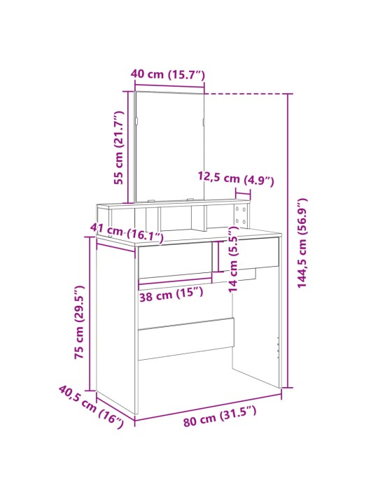 Peegliga tualettlaud, must, 80x41x144,5 cm