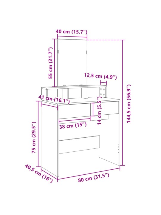 Tualettlaud peegliga, suitsutatud tamm, 80x41x144,5 cm