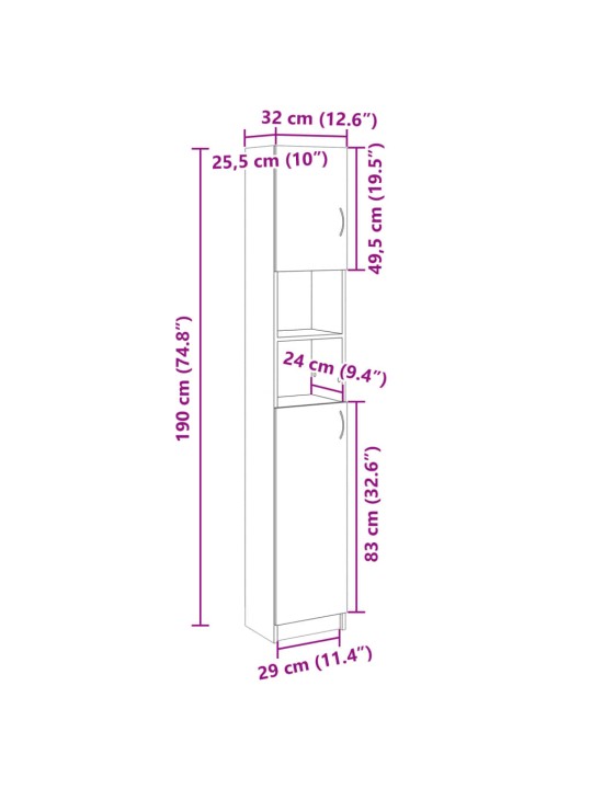 Vannitoakapp sonoma tamm 32x25,5x190 cm tehispuit