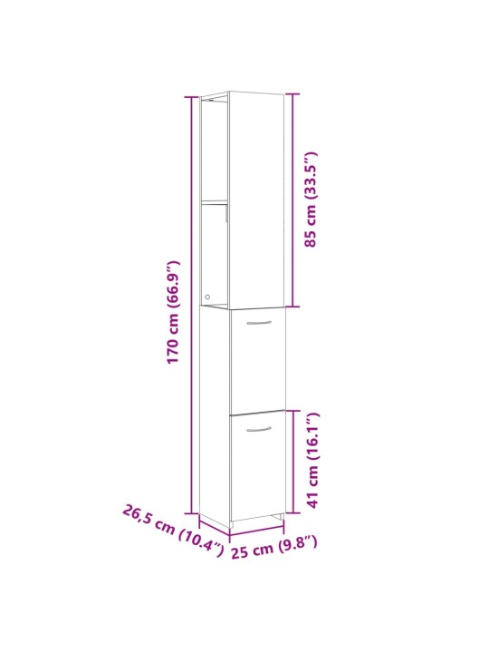 Vannitoakapp, sonoma tamm, 25x26,5x170 cm, tehispuit