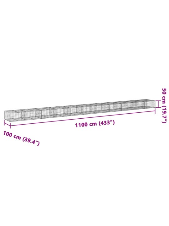 Kaanega gabioonkorv, 1100 x 100 x 50 cm, tsingitud raud
