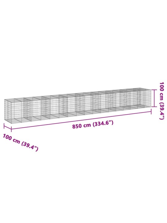 Kaanega gabioonkorv, 850 x 100 x 100 cm, tsingitud raud