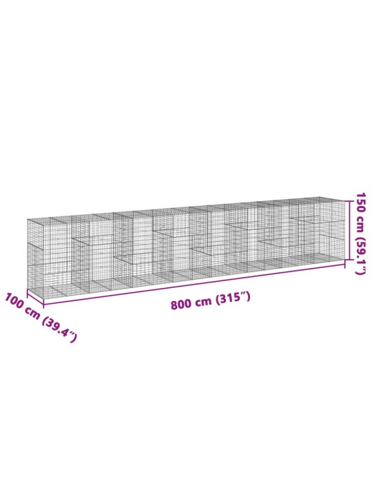 Kaanega gabioonkorv, 800 x 100 x 150 cm, tsingitud raud