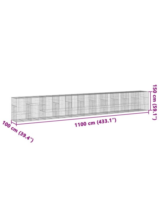 Kaanega gabioonkorv, 1100 x 100 x 150 cm, tsingitud raud