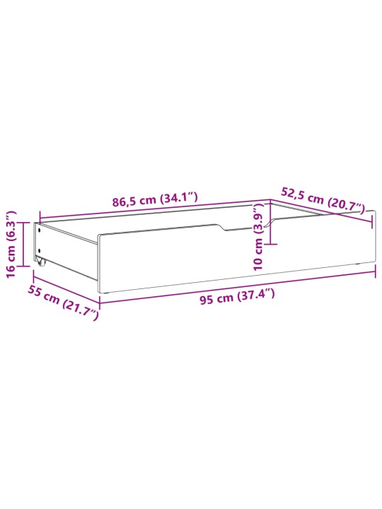 Ratastega voodisahtlid 2 tk, 95 x 55 x 16 cm, männipuit