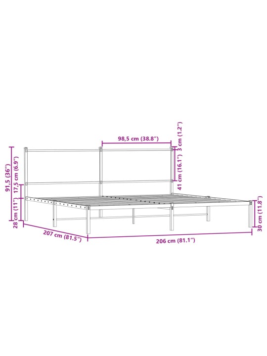 Metallist voodiraam ilma madratsita suitsutatud tamm 200x200 cm