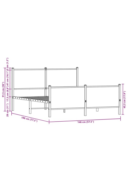 Metallist voodiraam ilma madratsita suitsutatud tamm 140x190 cm