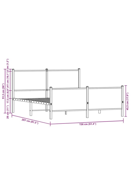 Metallist voodiraam ilma madratsita suitsutatud tamm 150x200 cm