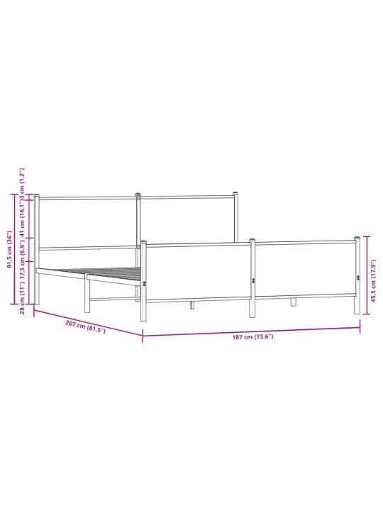 Metallist voodiraam ilma madratsita suitsutatud tamm 180x200 cm