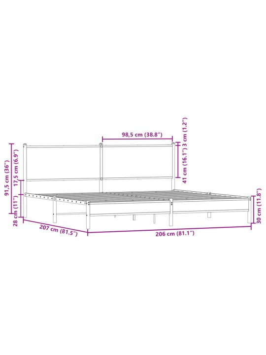 Metallist voodiraam ilma madratsita suitsutatud tamm 200x200 cm