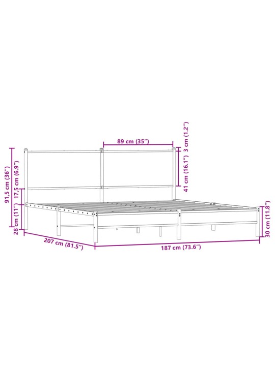 Metallist voodiraam ilma madratsita suitsutatud tamm 180x200 cm