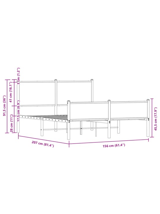 Metallist voodiraam ilma madratsita suitsutatud tamm 150x200 cm