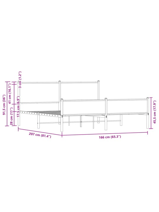 Metallist voodiraam ilma madratsita suitsutatud tamm 160x200 cm