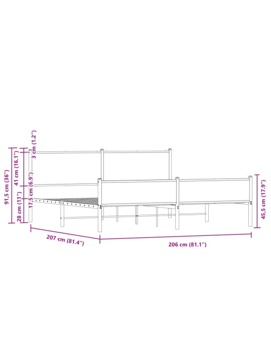 Metallist voodiraam ilma madratsita suitsutatud tamm 200x200 cm