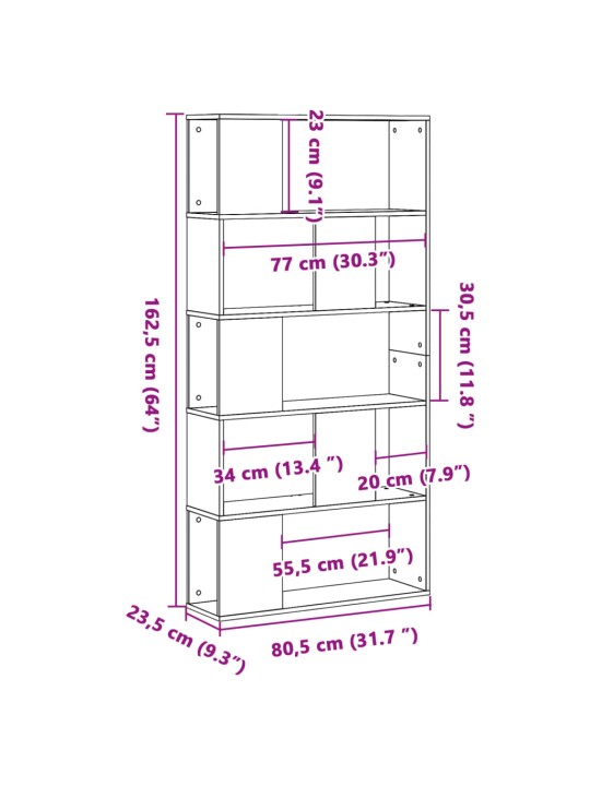 Raamaturiiul 5 korrust suitsutamm 80,5x23,5x162,5 cm tehispuit