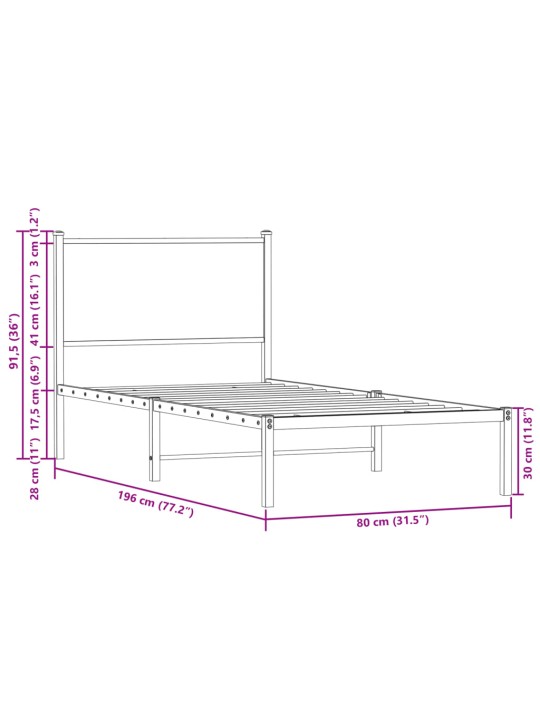 Metallist voodiraam ilma madratsita suitsutatud tamm 75x190 cm