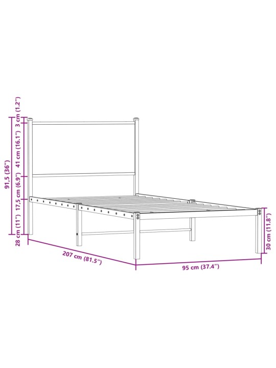 Metallist voodiraam ilma madratsita suitsutatud tamm 90x200 cm