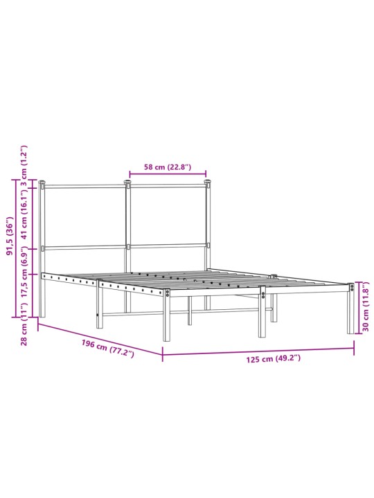 Metallist voodiraam ilma madratsita suitsutatud tamm 120x190 cm