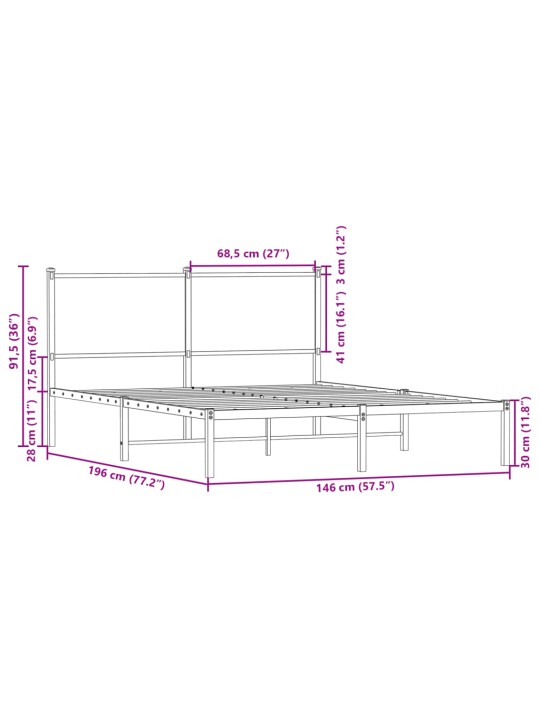 Metallist voodiraam ilma madratsita suitsutatud tamm 140x190 cm