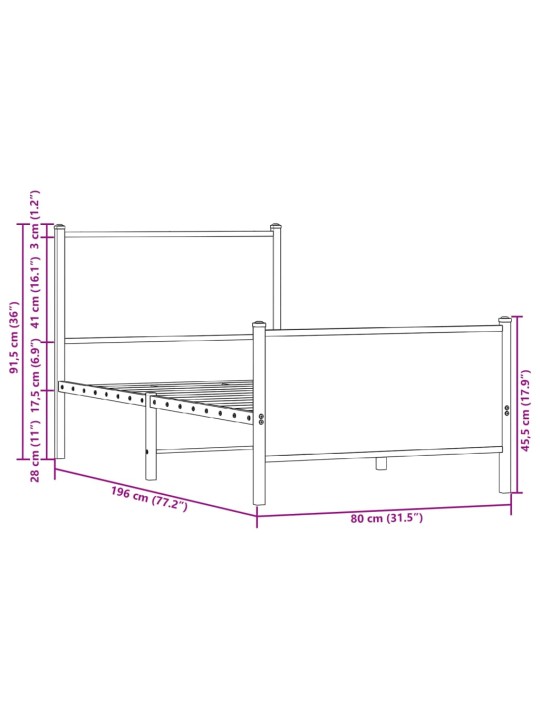 Metallist voodiraam ilma madratsita suitsutatud tamm 75x190 cm