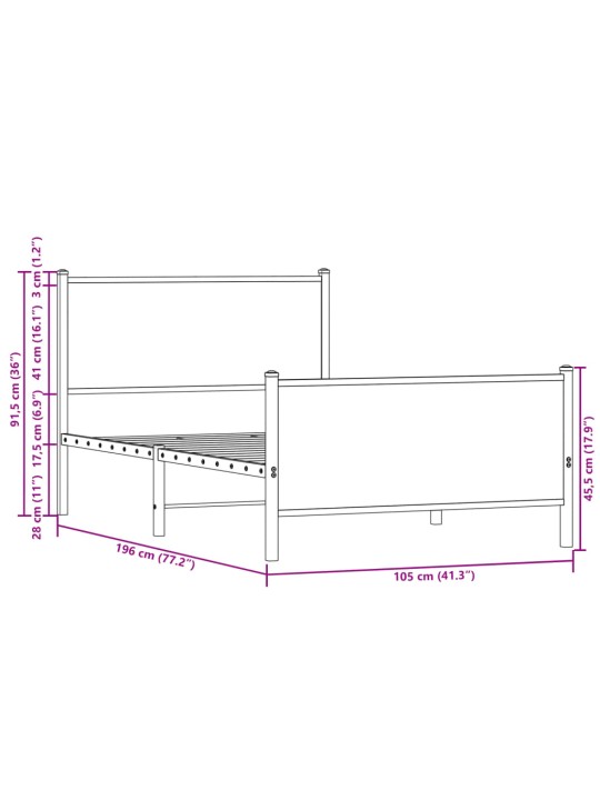 Metallist voodiraam ilma madratsita suitsutatud tamm 100x190 cm