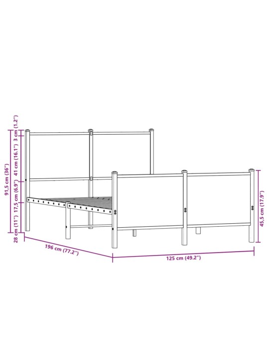 Metallist voodiraam ilma madratsita suitsutatud tamm 120x190 cm