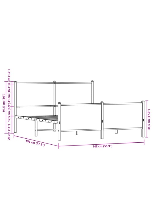 Metallist voodiraam ilma madratsita suitsutatud tamm 137x190 cm