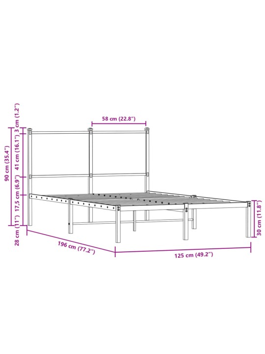 Metallist voodiraam peatsiga, pruun tamm, 120x190 cm